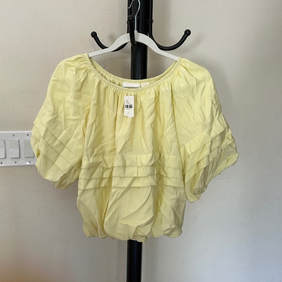 Yellow Loose Billowy Fit Elastic Hems Short-sleeve Blouse - Picture 1 of 8
